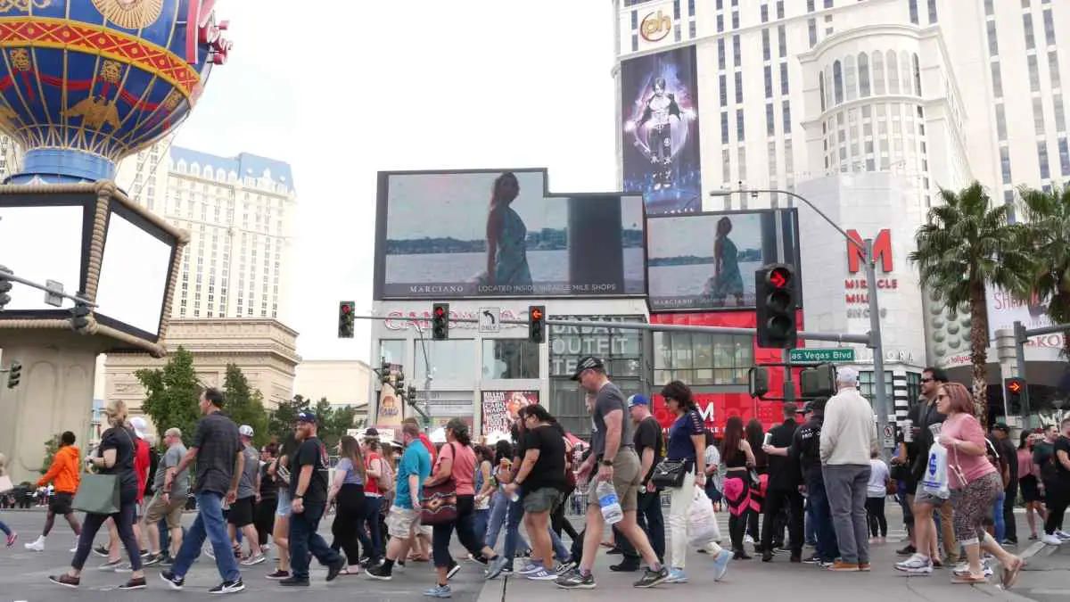 crowd of tourists walking the Las Vegas Strip