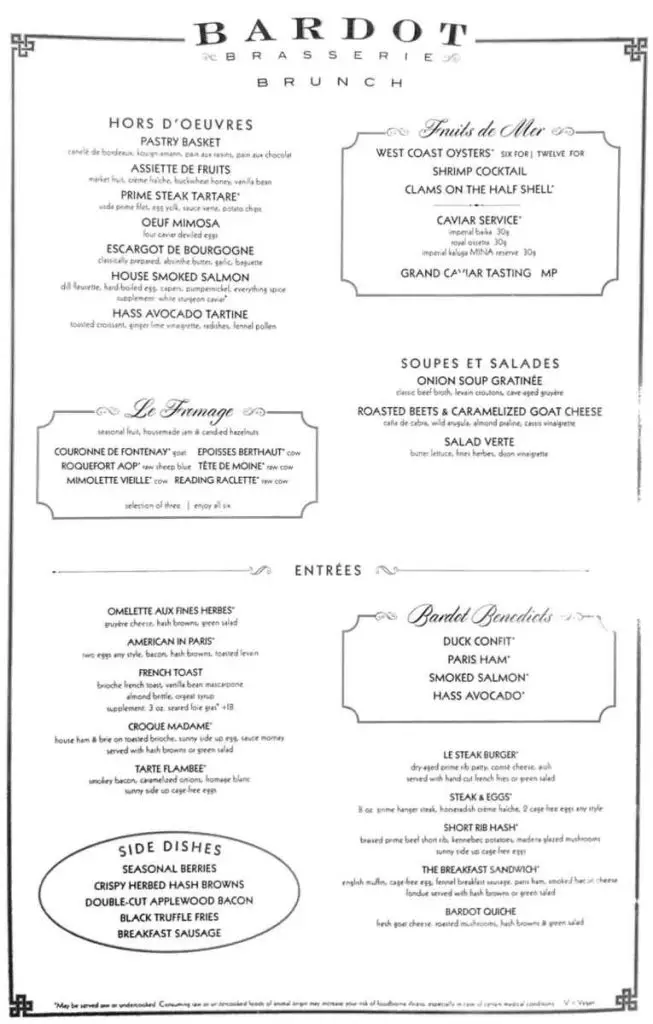 Bardot Brasserie Brunch Menu