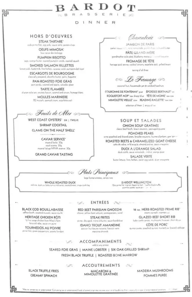 Bardot Brasserie Diner Menu