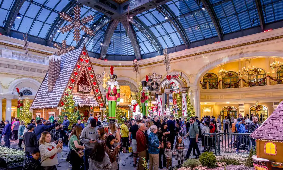 Crowd of people at Bellagio Conservatory during winter 2022