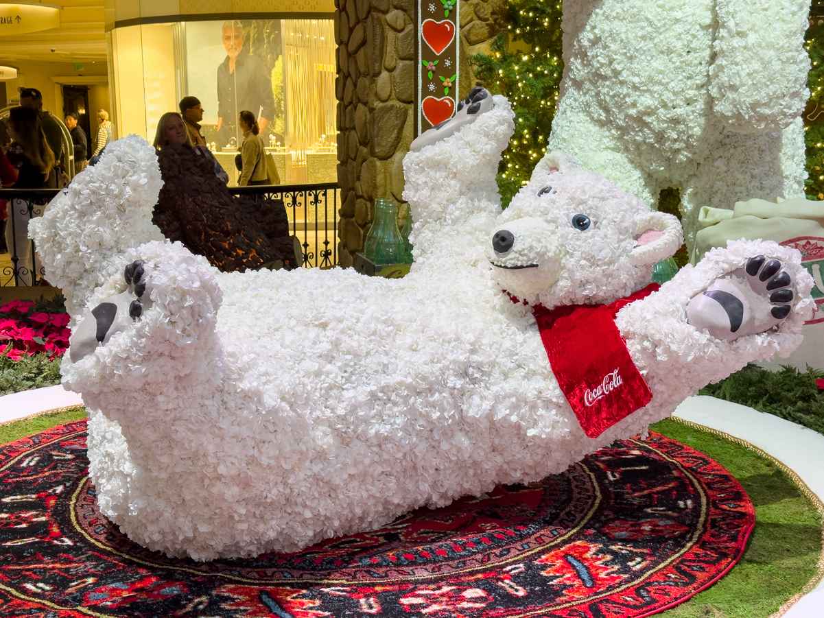 The polar bears during the holidays at Bellagio Conservatory are made out of hundreds of white carnations