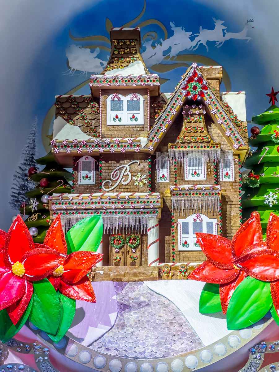 Closeup detail of the gingerbread house at the Bellagio Conservatory, winter 2022