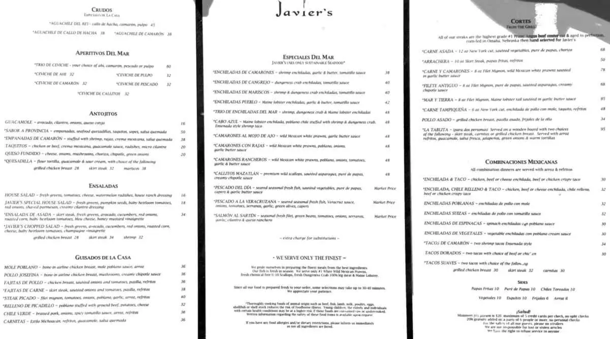 Javier's menu at Aria