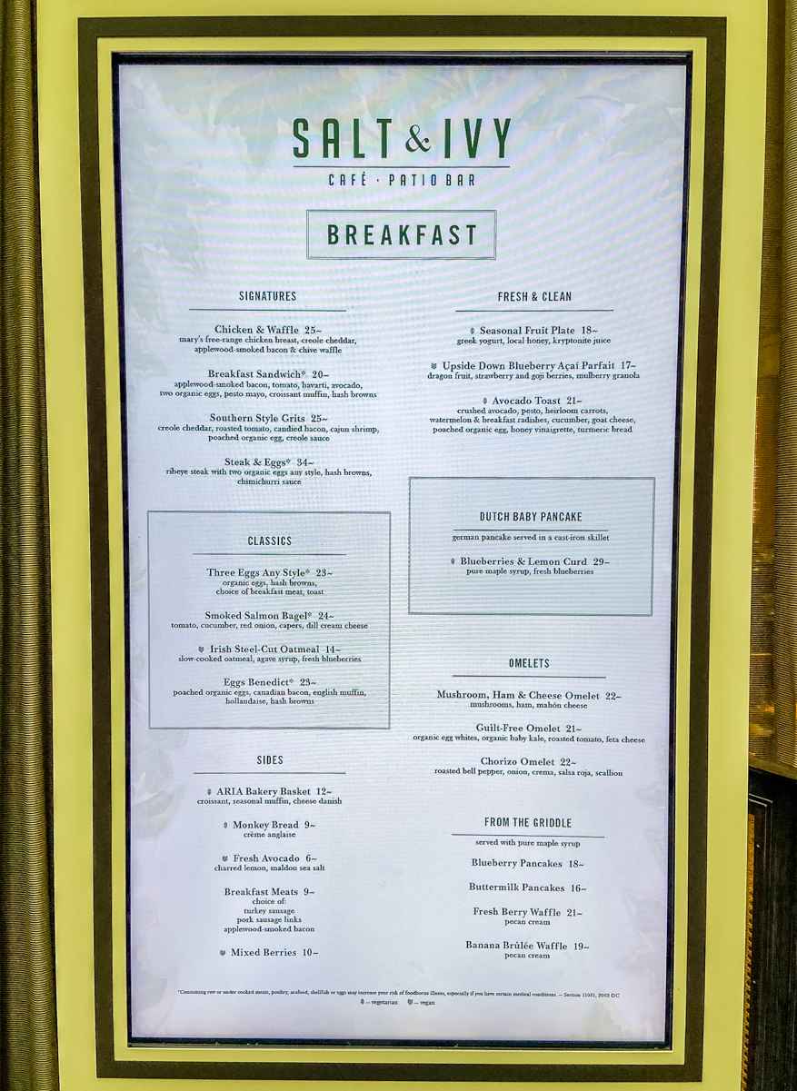 Salt & Ivy breakfast menu at Aria Resort & Casino