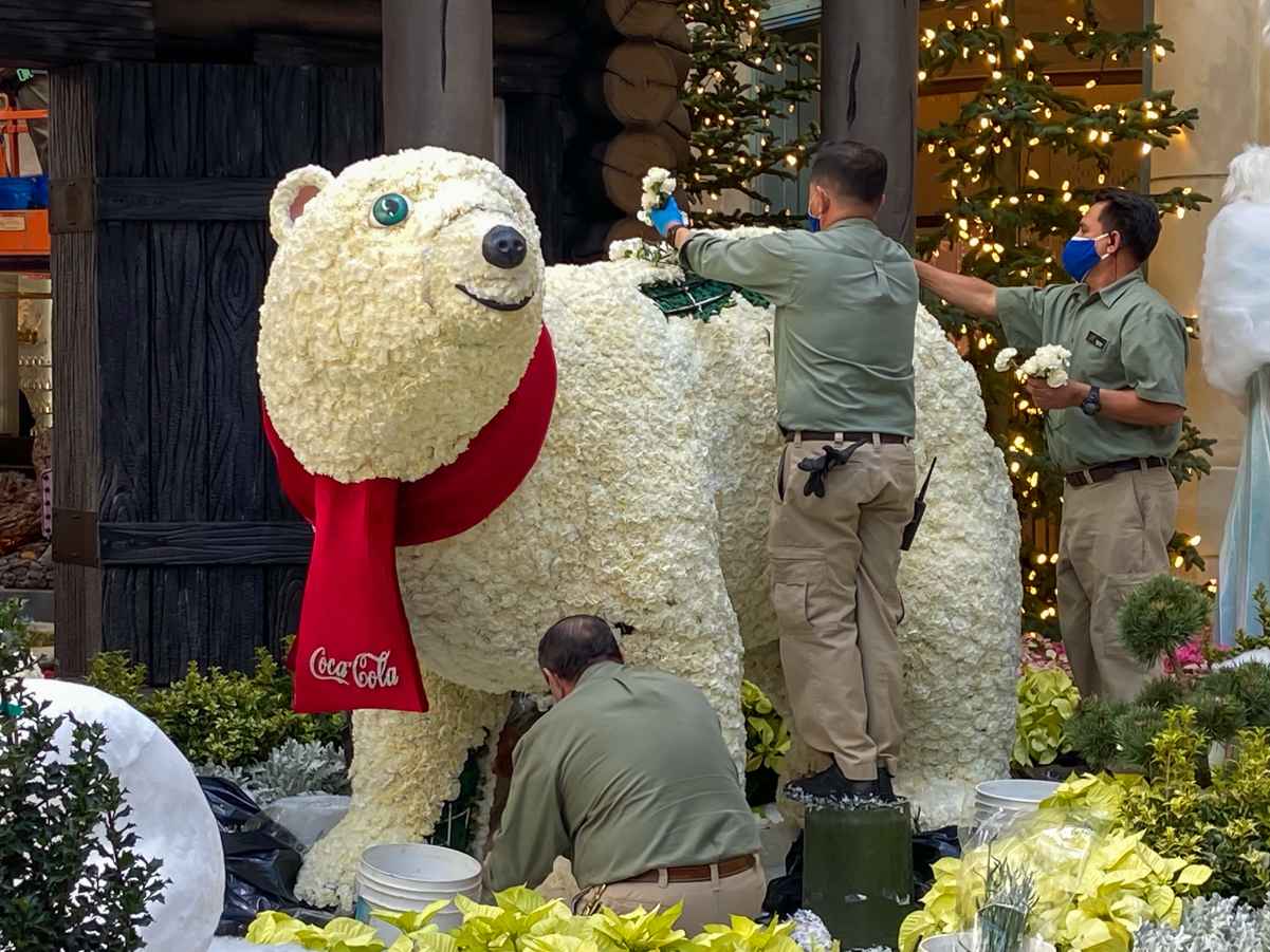 16 Christmassy Things to do in Las Vegas (2022 Holiday Guide) 6 Bellagio workers putting the final touches on the floral polar bear for the Christmas display.