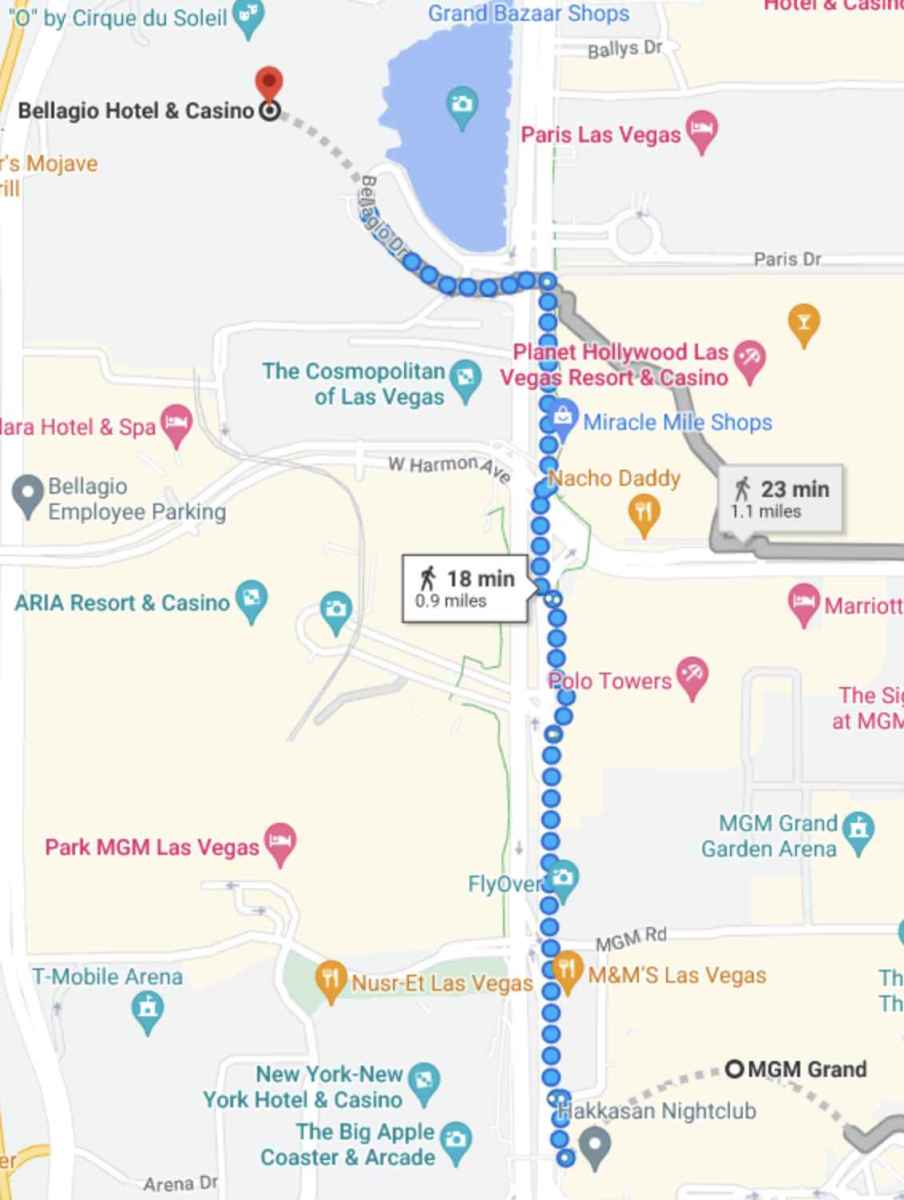 walking from MGM Grand to Bellagio map