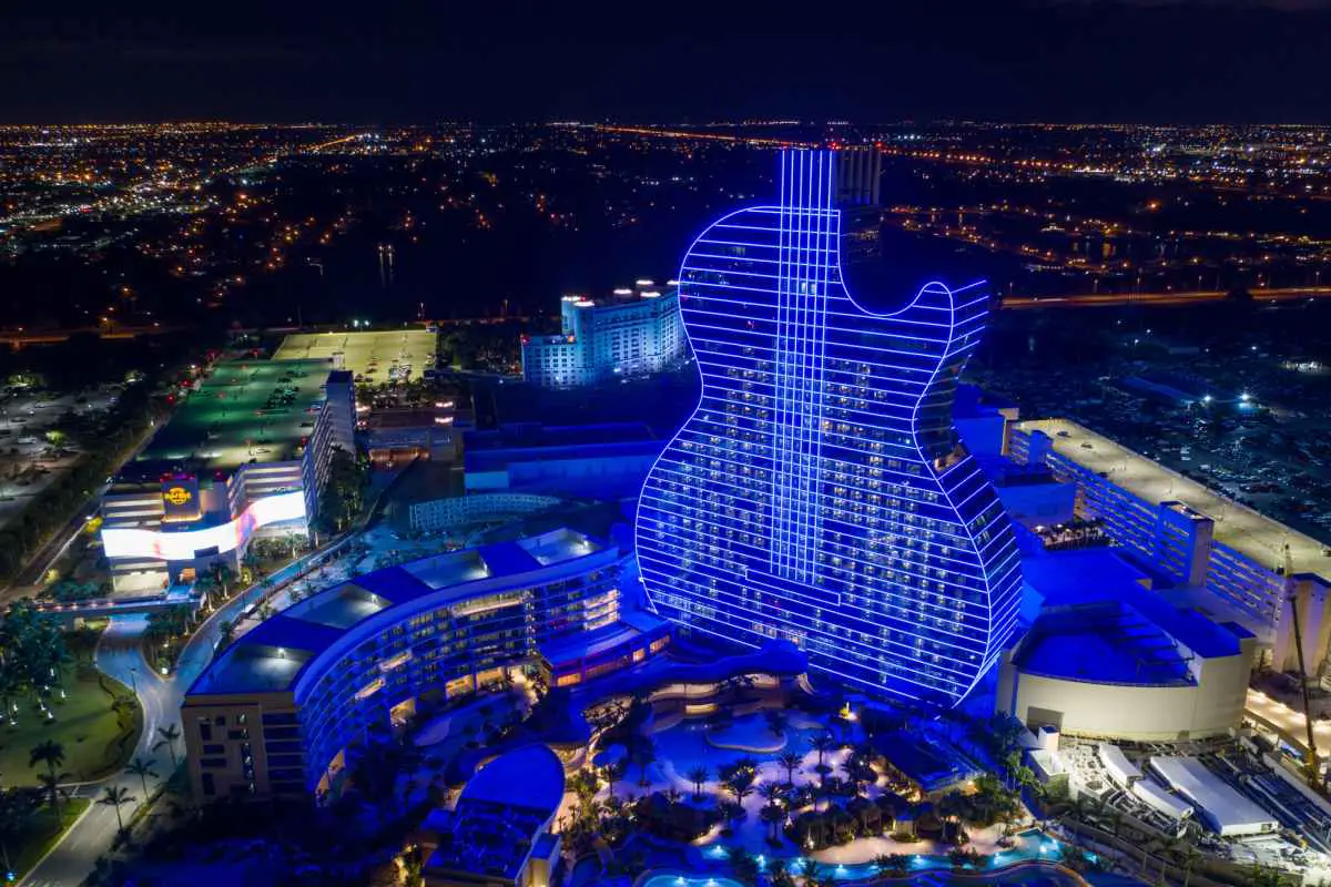 Aerial view of the guitar shaped hotel in Florida is a good example of what the guitar hotel will look like in Las Vegas once completed