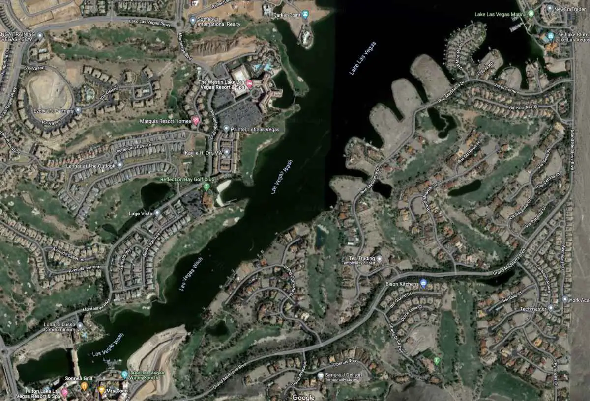 Walking All the Way Around Lake Las Vegas (Possible?) 2 Aerial image of the shoreline around Lake Las Vegas