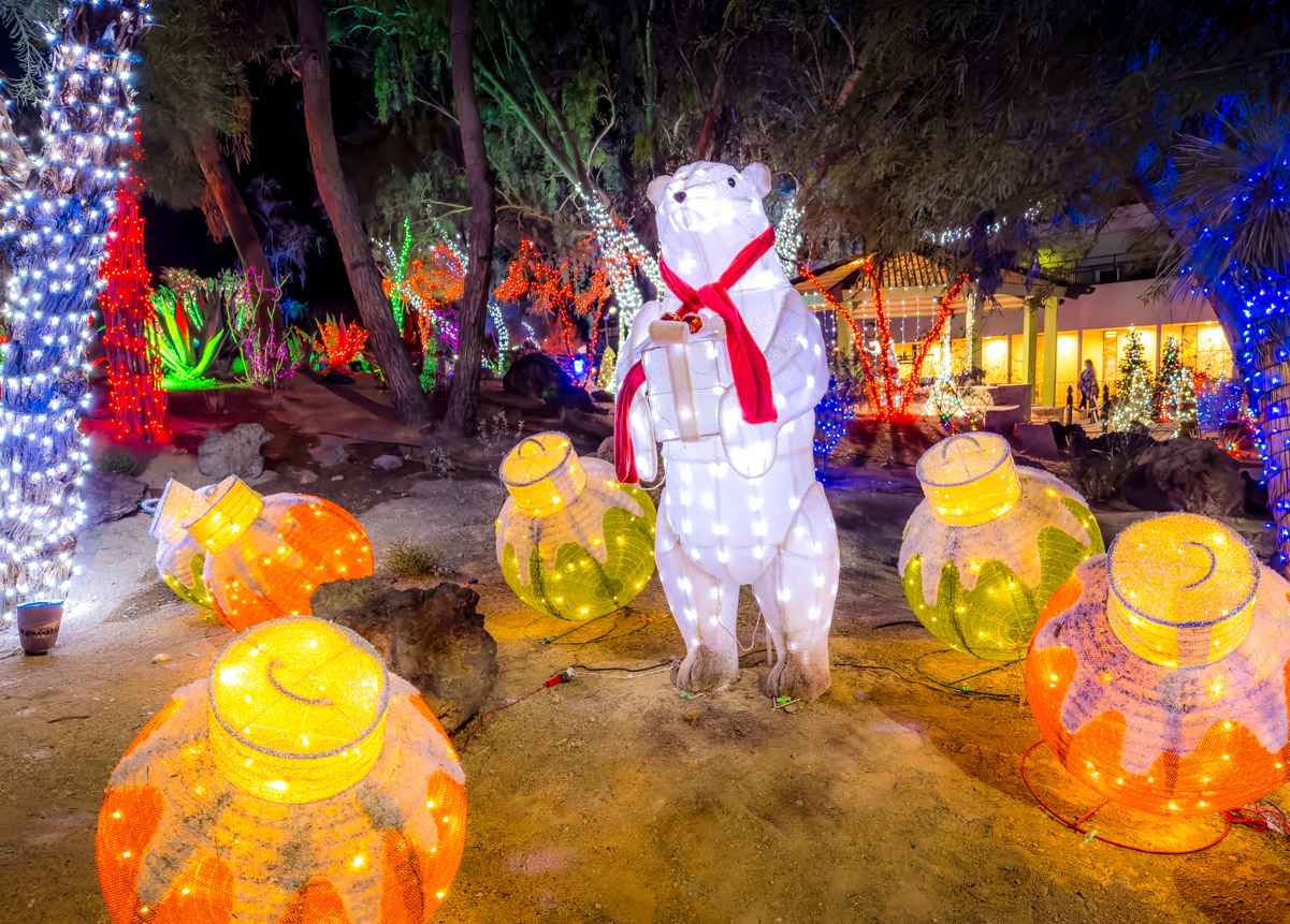 Where is Ethel M Cactus Garden. Polar bear in lights.