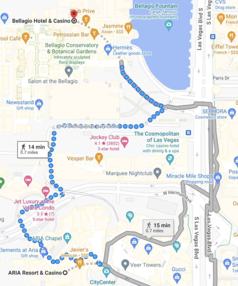 walking from Aria to Bellagio map