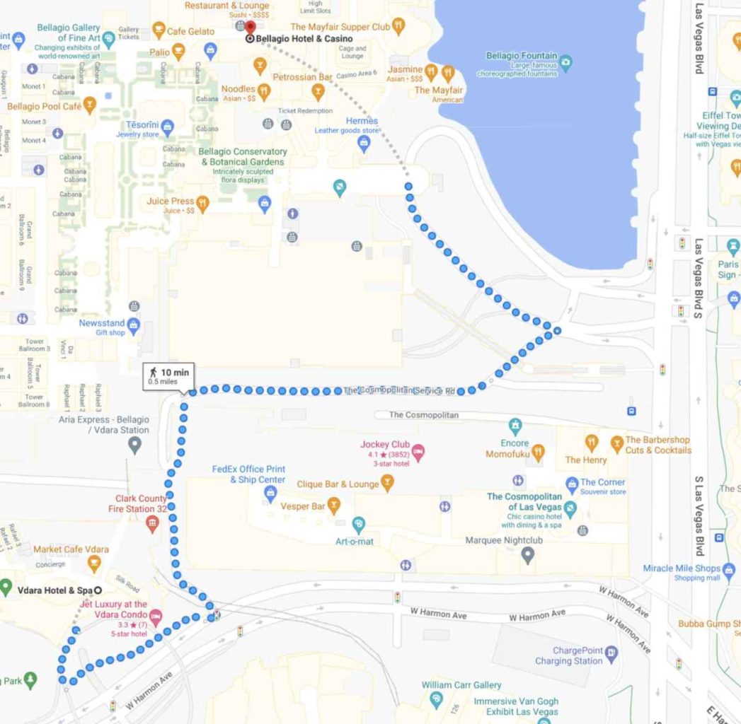 walking from Vdara to Bellagio map