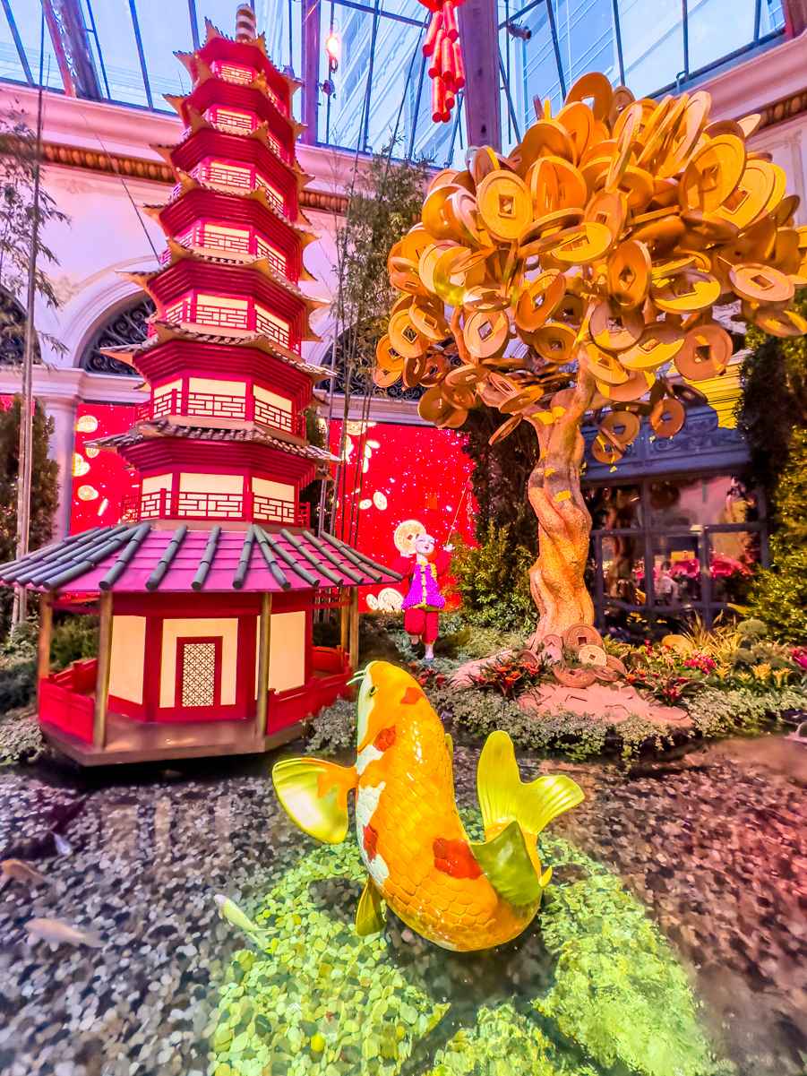 Money tree and pagoda at Bellagio Conservatory 2023 Lunar New Year display