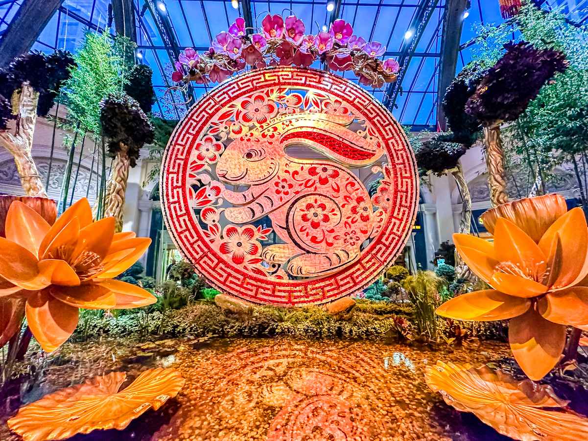 Golden medallion symbolizing the Year of the Rabbit at Bellagio Conservatory 2023 Lunar New Year display