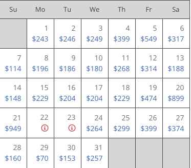 Caesars Palace room cost (rate calendar)