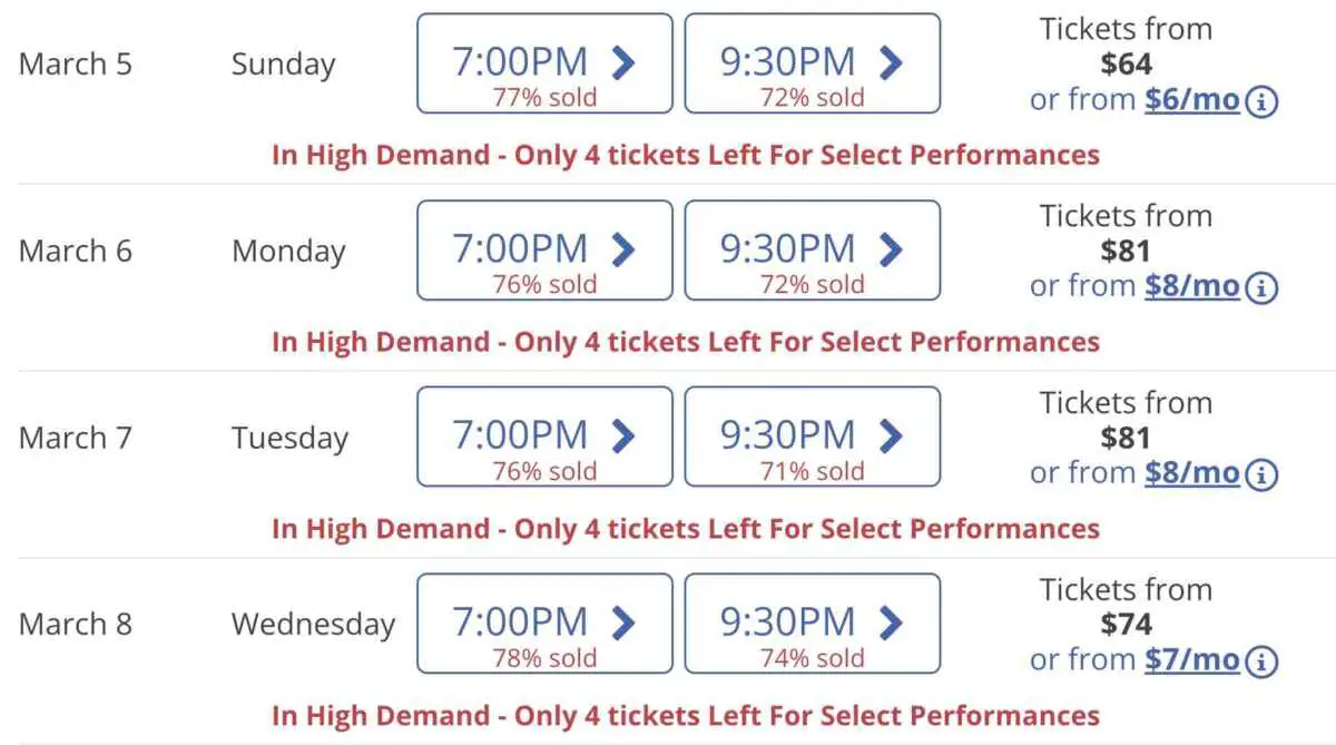 Vegas show tickets with payment plan options