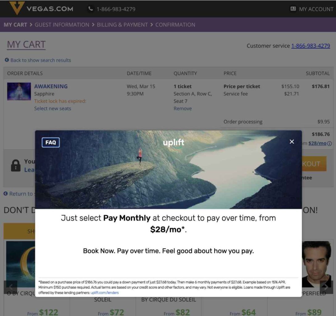 Las Vegas Shows Now Offer Monthly Payment Options 4 payment plan notification at checkout