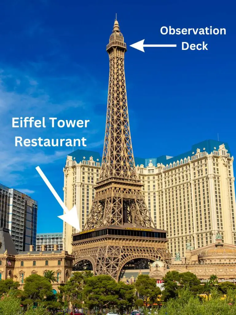 Eiffel Tower in Las Vegas showing where the viewing deck and the Eiffel Tower Restaurant are located.