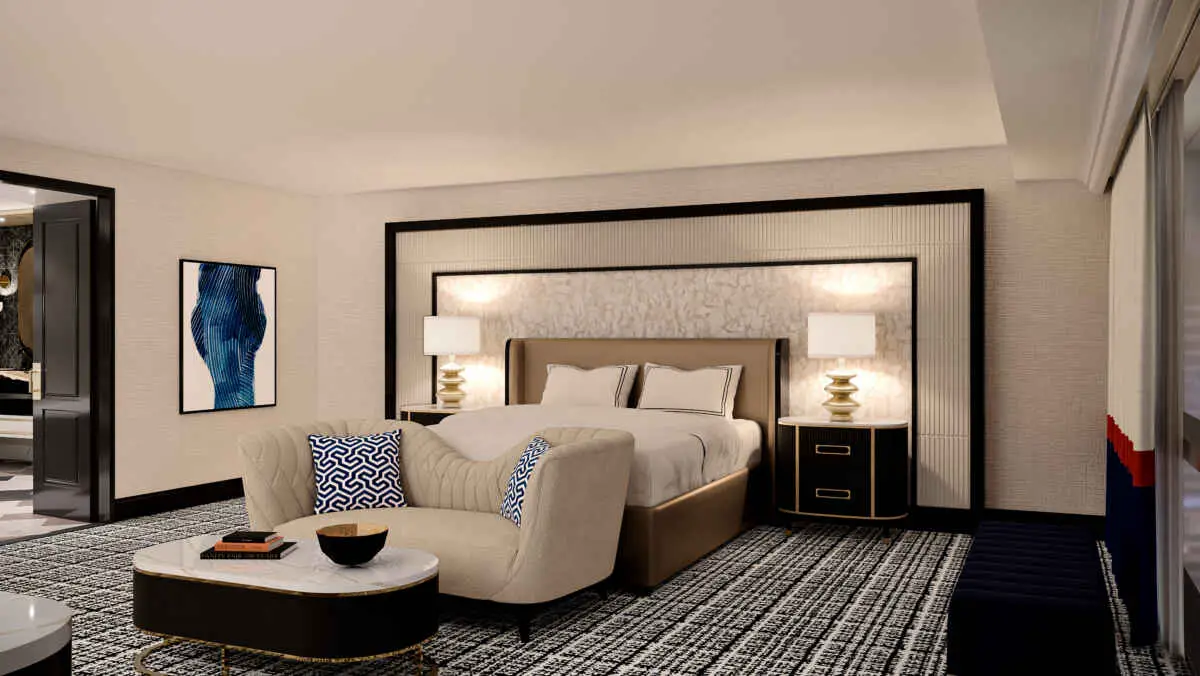 Rendering of a suite bedroom in the Versailles Tower at Paris Las Vegas. 