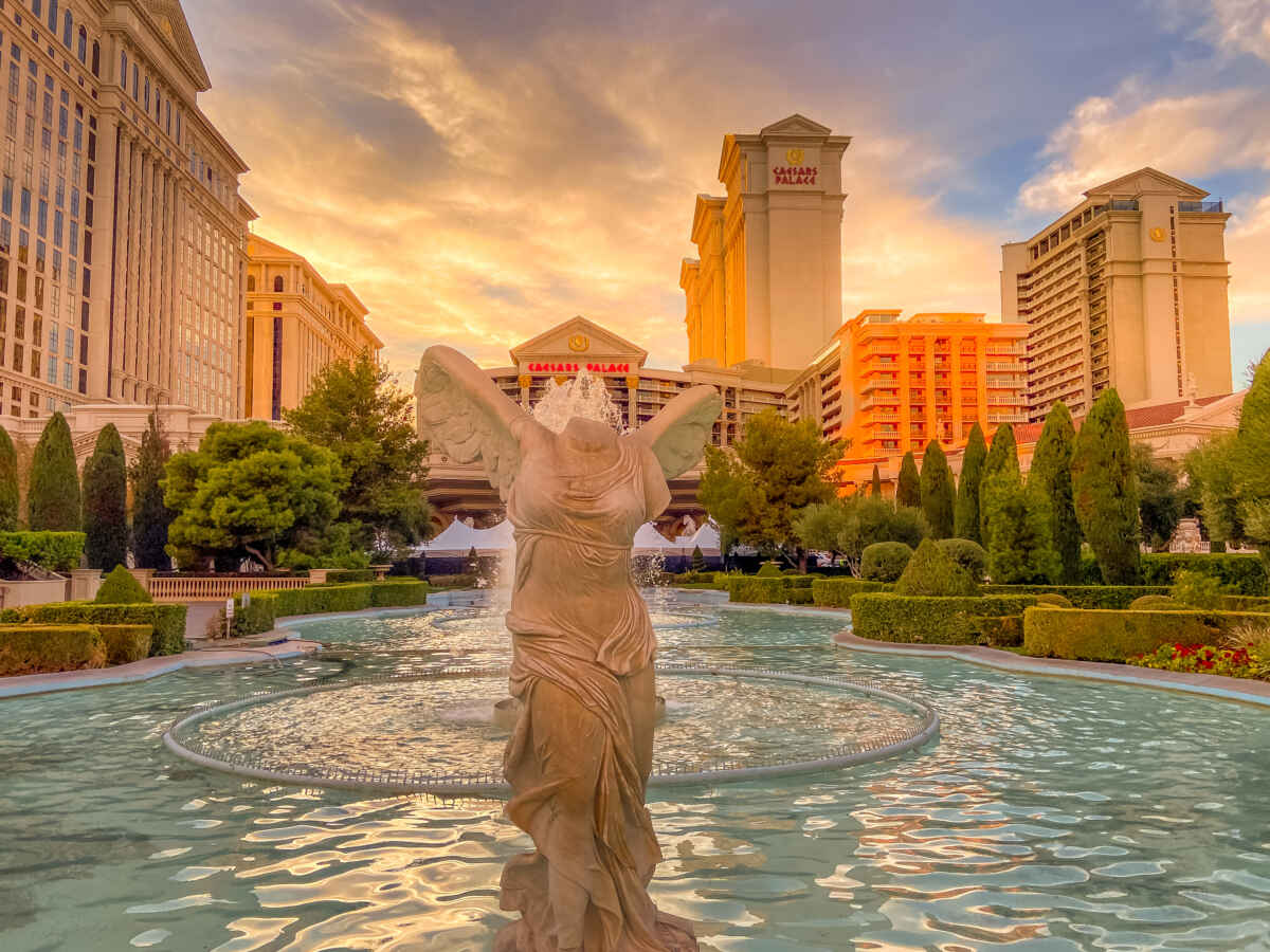 Caesars Palace fountain at sunset