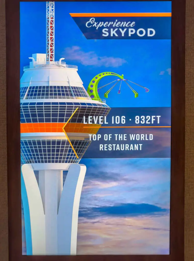 Dress Code for Top of the World Restaurant in Las Vegas (Stratosphere) 3 Image showing where the Top of The World Restaurant is located in The Strat Tower in Las Vegas.
