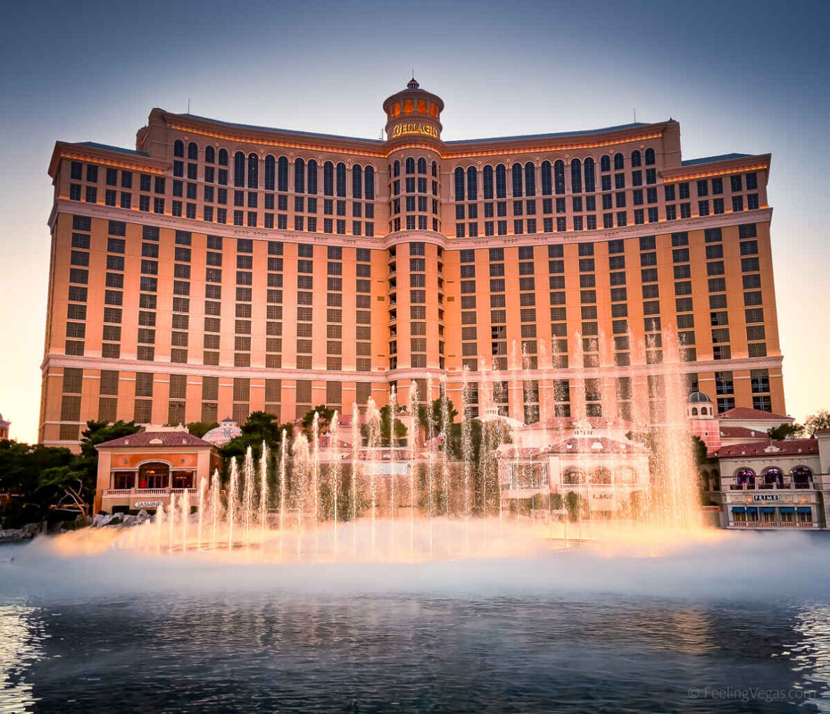 The lights below the water at Bellagio Fountains add to the iconic display at night.