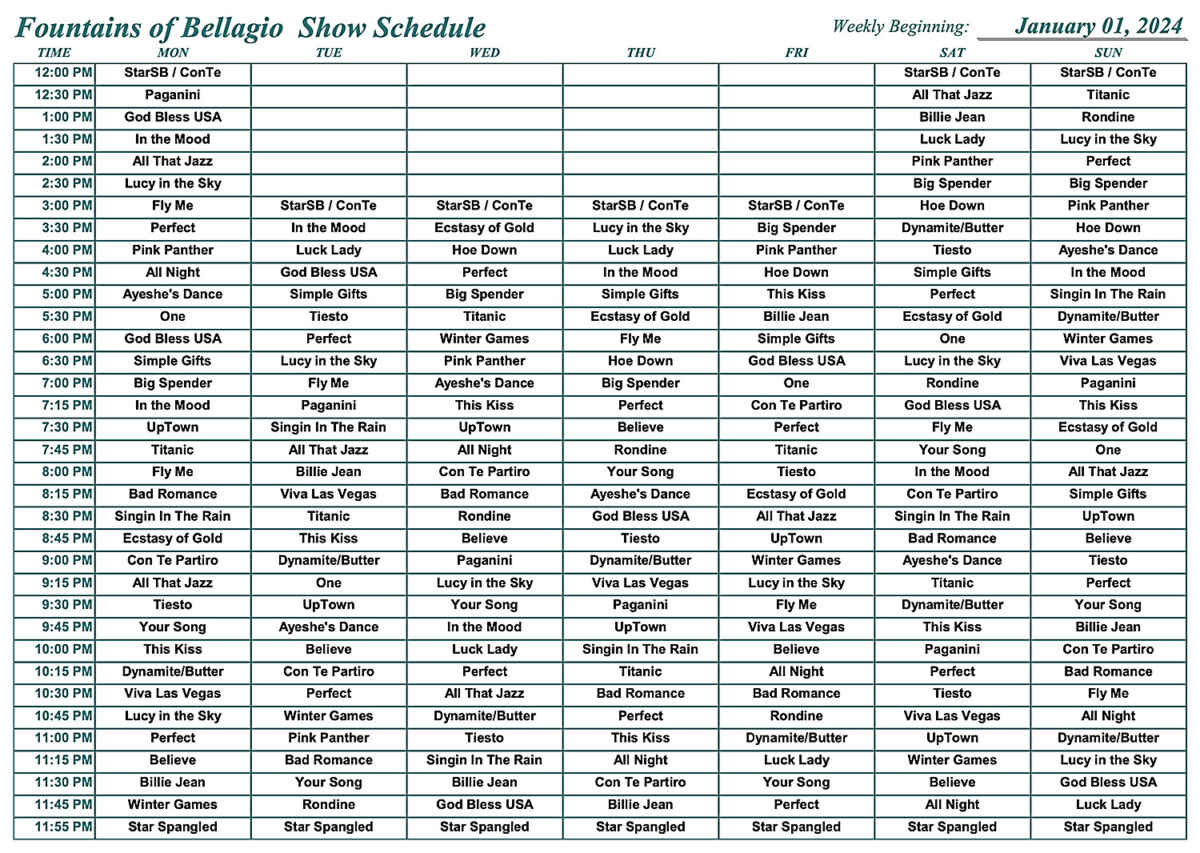 Bellagio Fountains Show Schedule including songs and times